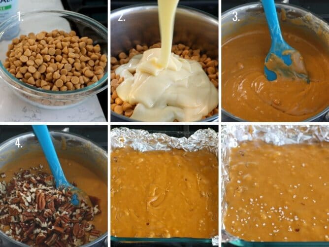 6 photos showing how to make butterscotch fudge