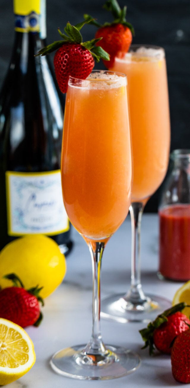 lemon strawberry mimosas in flutes