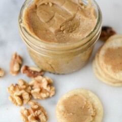 maple walnut butter in jar with walnuts and pie crust chips and words on photo