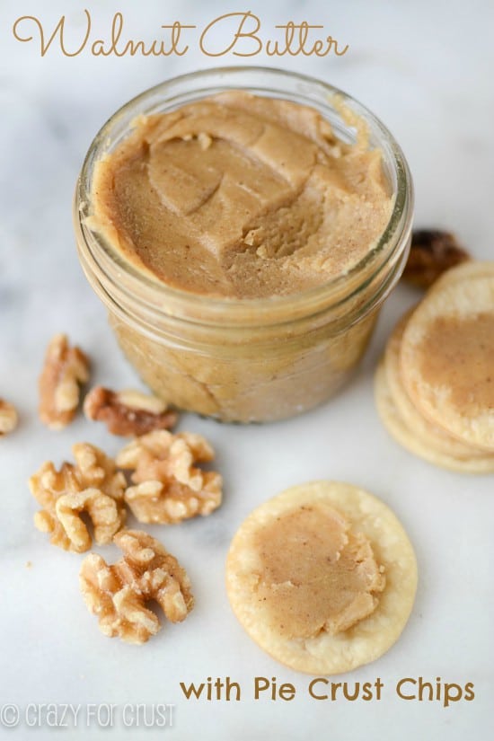 maple walnut butter in jar with walnuts and pie crust chips and words on photo