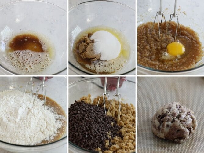 6 photos showing how to make bakery style chocolate chip cookies