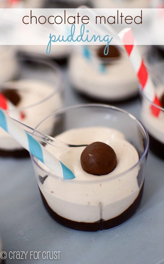 malted pudding in small dish with malt ball on top and striped straw