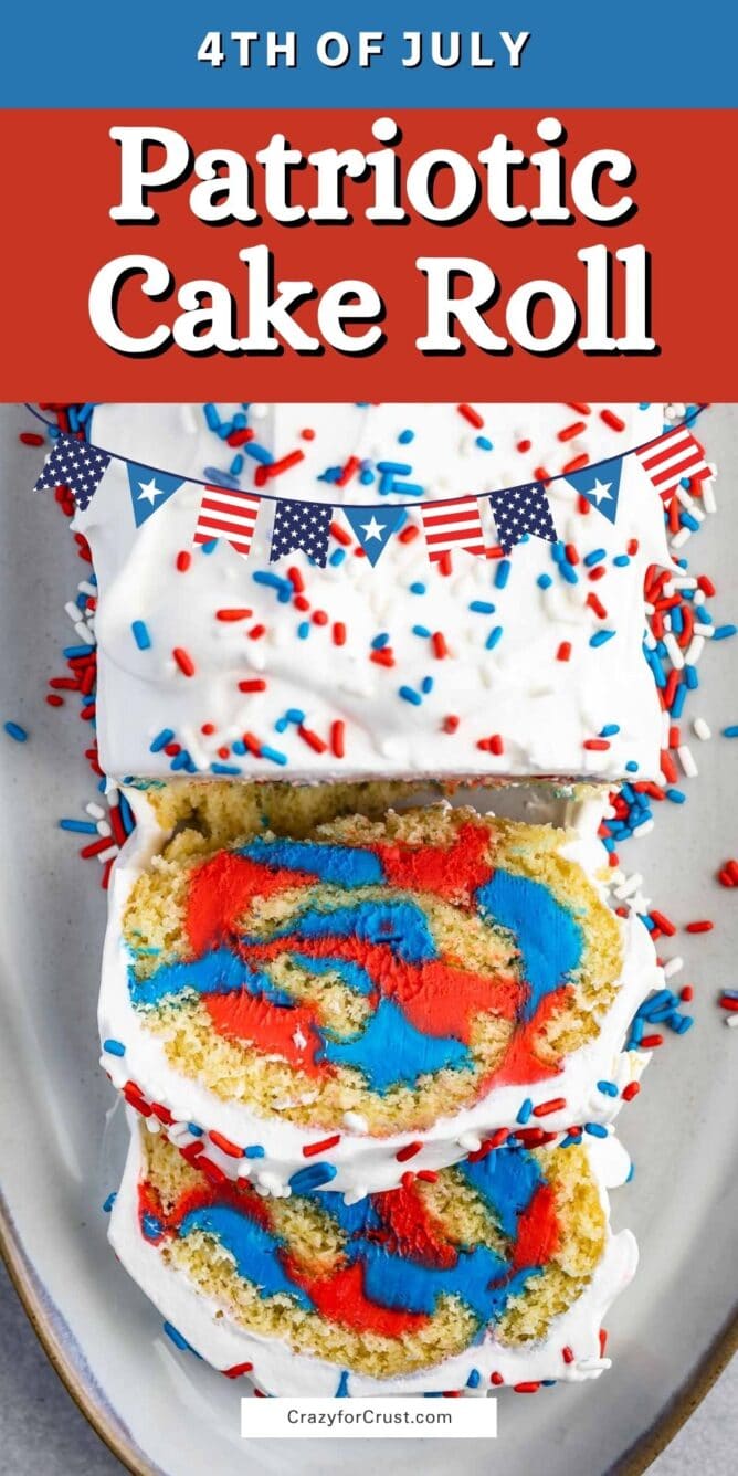 Overhead photo of patriotic cake roll with covered with red, white and blue spinkles