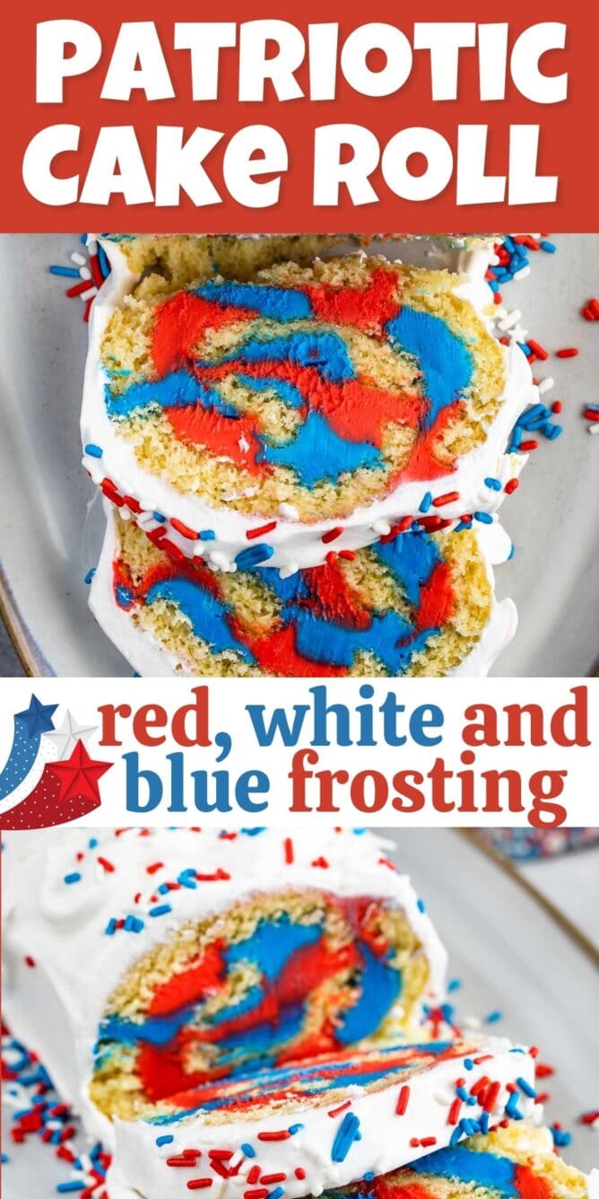 Overhead photo of patriotic cake roll with covered with red, white and blue spinkles