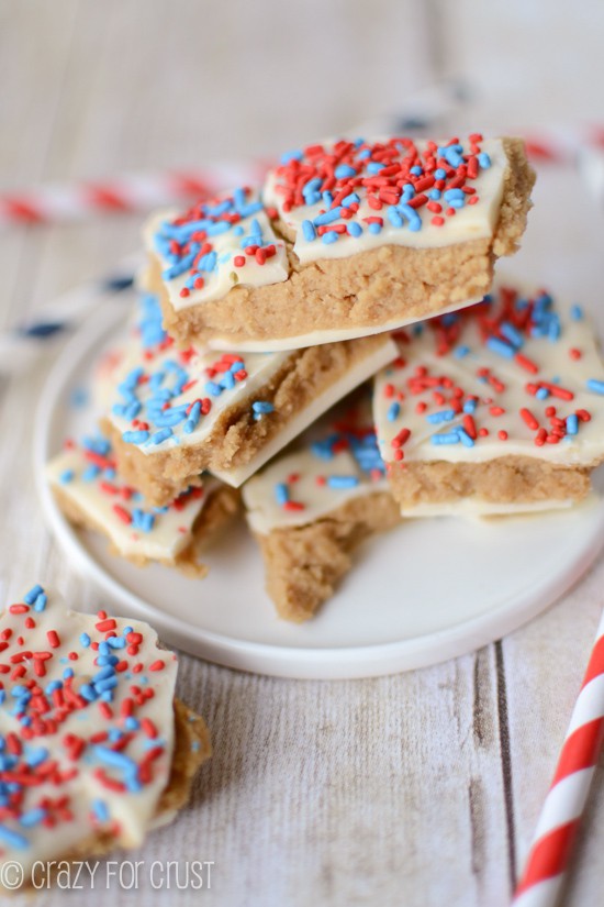 Patriotic Peanut Butter Cookie Dough Bark by crazyforcrust.com | A quick and easy red, white, and blue treat for the 4th!