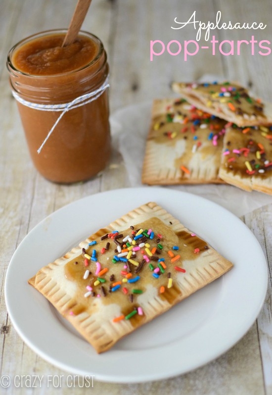 crockpot applesauce in jar with spoon and poptart on white plate
