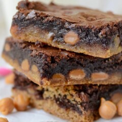 stack of caramel brownie peanut butter cookie bars
