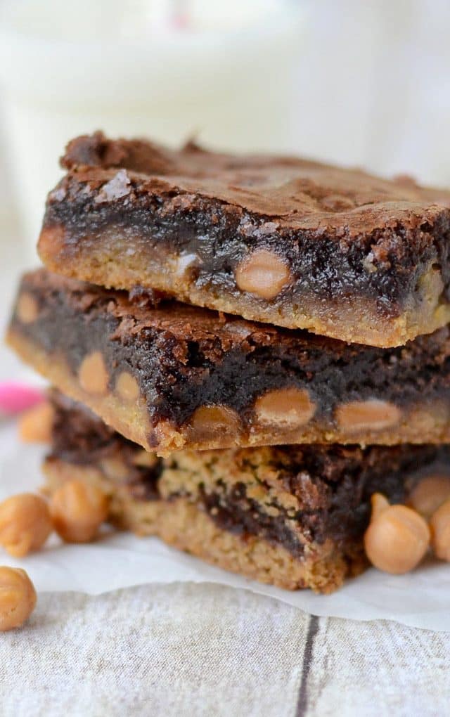 stack of caramel brownie peanut butter cookie bars