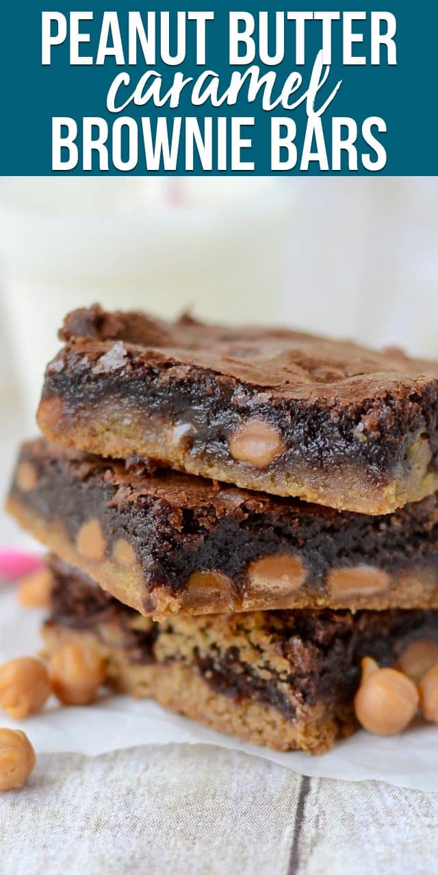 stack ofCaramel Brownie Peanut Butter Cookie Bars
