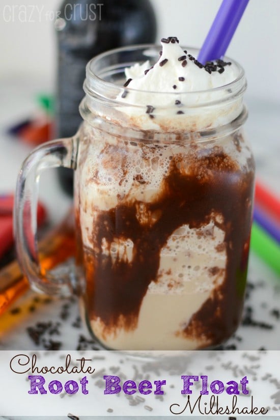 rootbeer float in jar mug with chocolate sauce and whipped cream