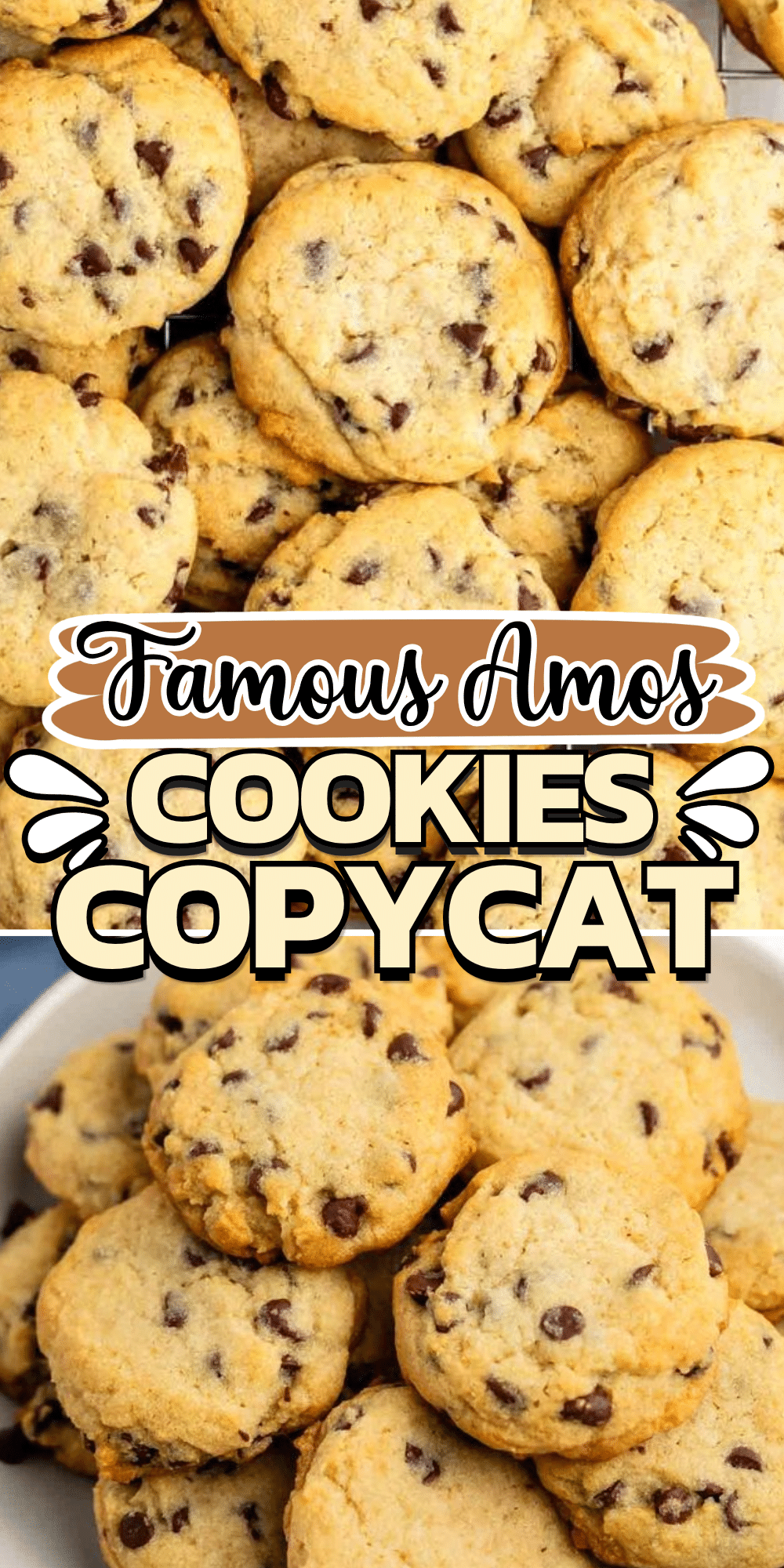 A pile of chocolate chip cookies on a plate, with text overlay reading Famous Amos Copycat Cookies in bold letters.