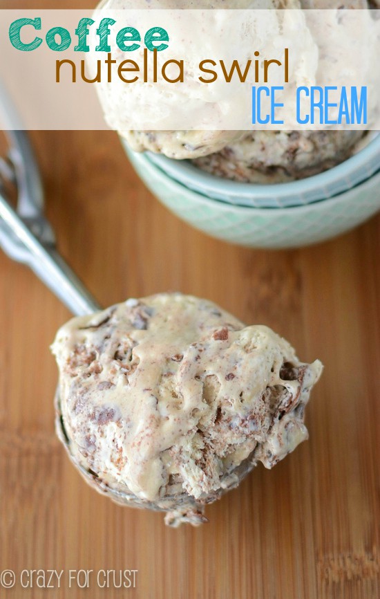coffee ice cream with nutella in ice cream scoop on cutting board