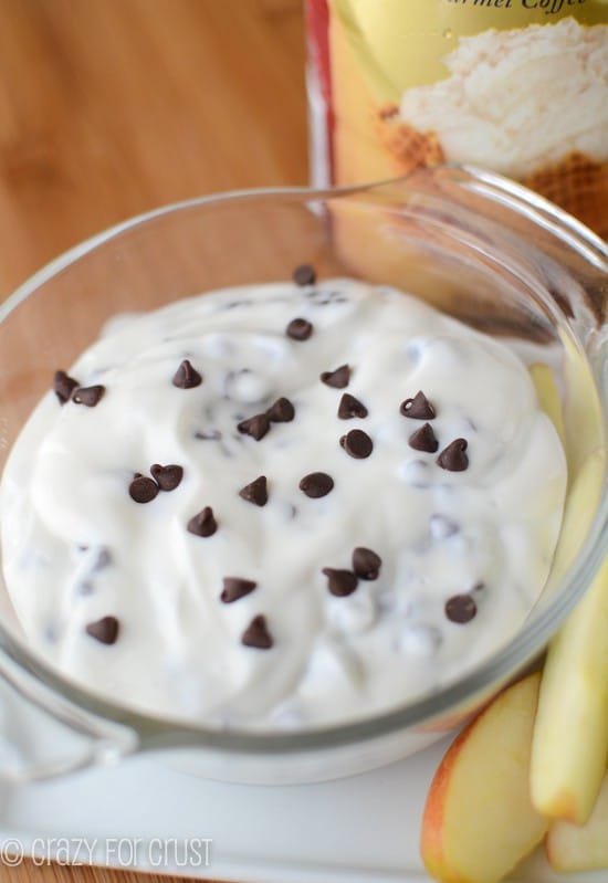 dish of ice cream apple dip in bowl with apple slices