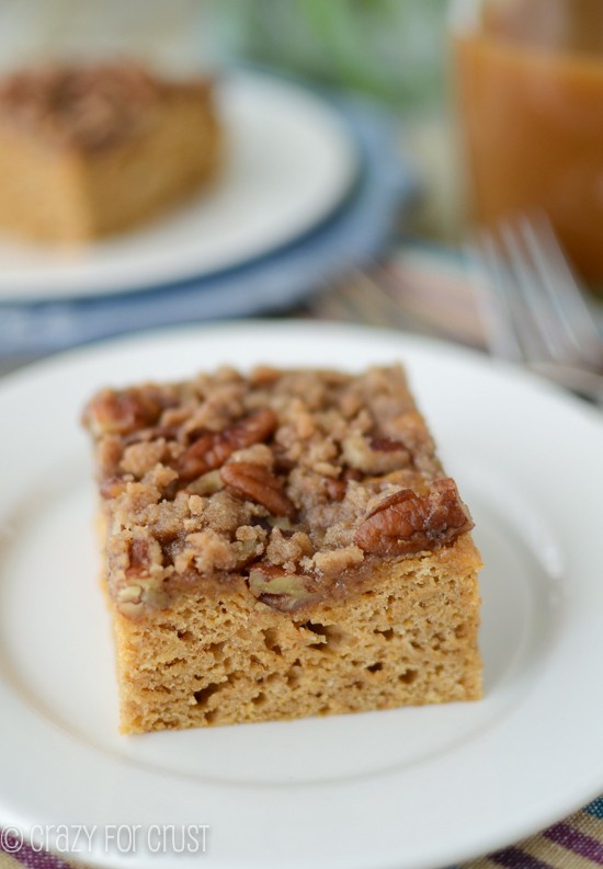 slice of pumpkin coffee cake on white plate