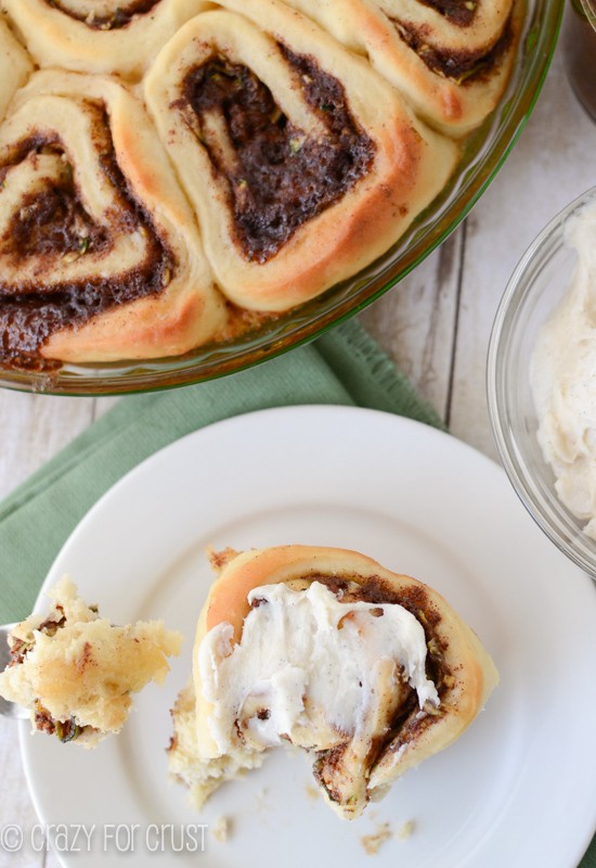 Zucchini Cinnamon Rolls - Crazy for Crust Zucchini Cinnamon Rolls by crazyforcrust.com | A fluffy cinnamon roll filled with zucchini -