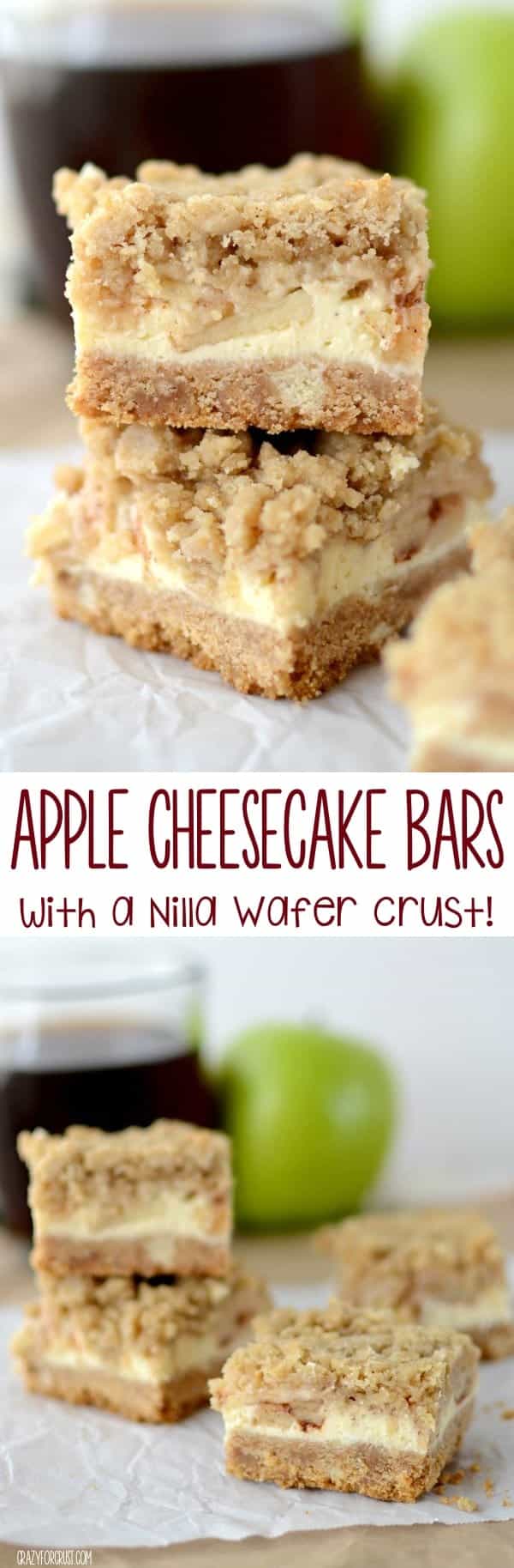 stack of bars with crust, apple cheesecake and crumble topping on parchment