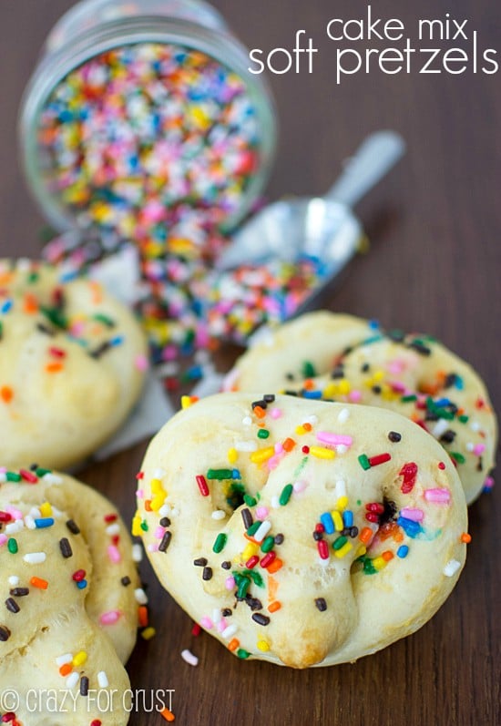 Cake Batter Soft Pretzels with rainbow sprinkles overhead shot with title