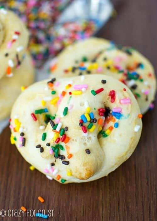 Cake mix soft pretzel bite on a table