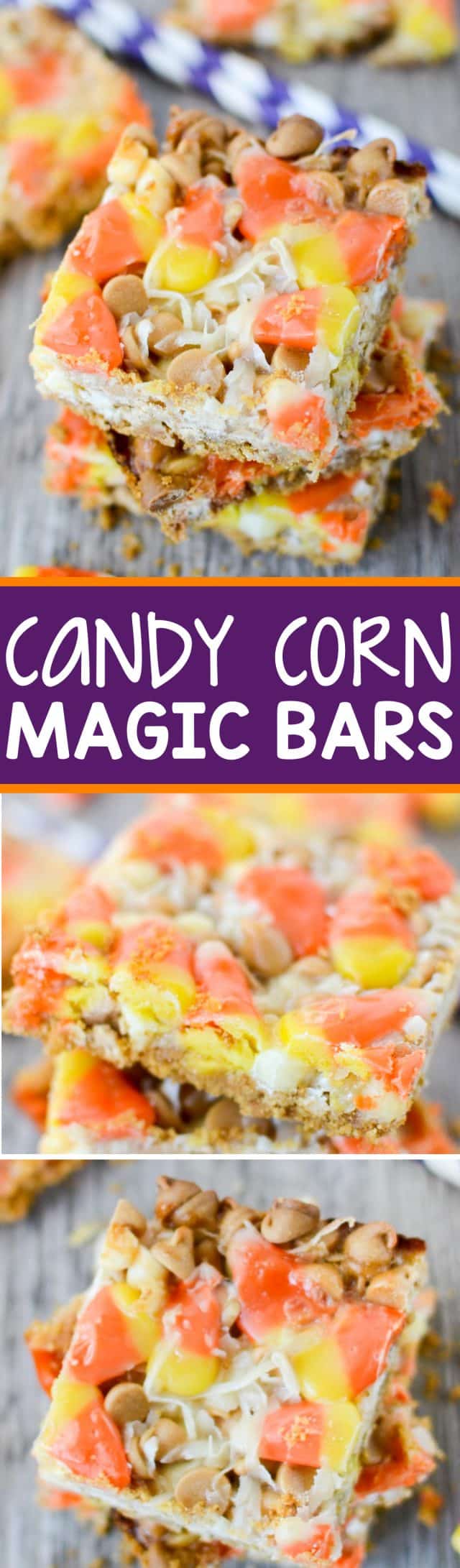 Candy Corn Magic Bars are PERFECT for Halloween! They have a graham cracker crust and are filled with white chocolate, peanut butter chips, and lots of candy corn!