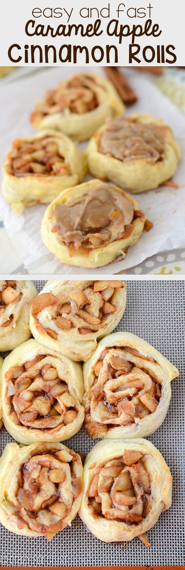 Easy Caramel Apple Cinnamon Rolls - this fast and easy recipe is perfect for apple season! Apple stuffed cinnamon rolls topped with the BEST Caramel Icing!