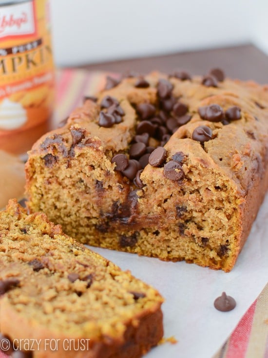 Peanut Butter Pumpkin Bread with chocolate chips | We LOVE this bread and want it every day for breakfast! | crazyforcrust.com | #pumpkin #breakfast