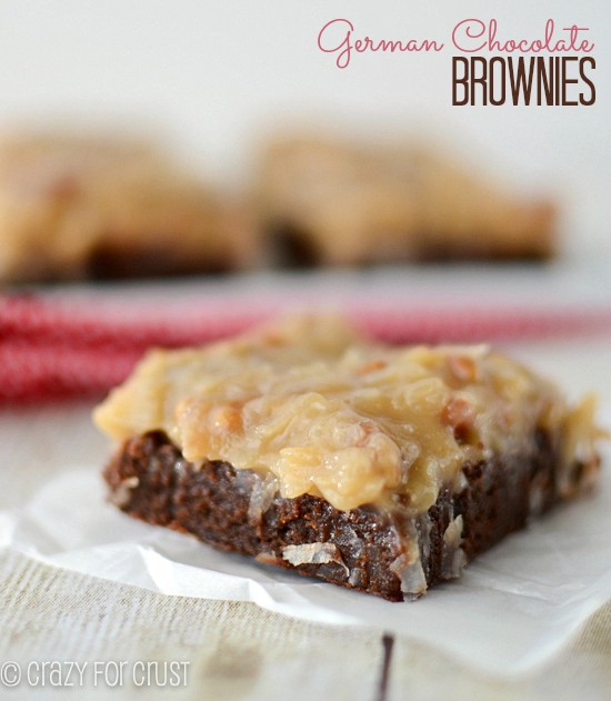 german chocolate brownies on parchment paper with graphic title