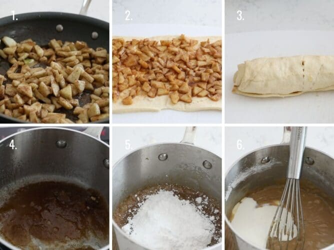 6 photos showing how to make caramel apple cinnamon rolls