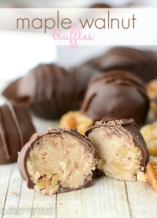 maple walnut truffles sliced in half on wood board with title