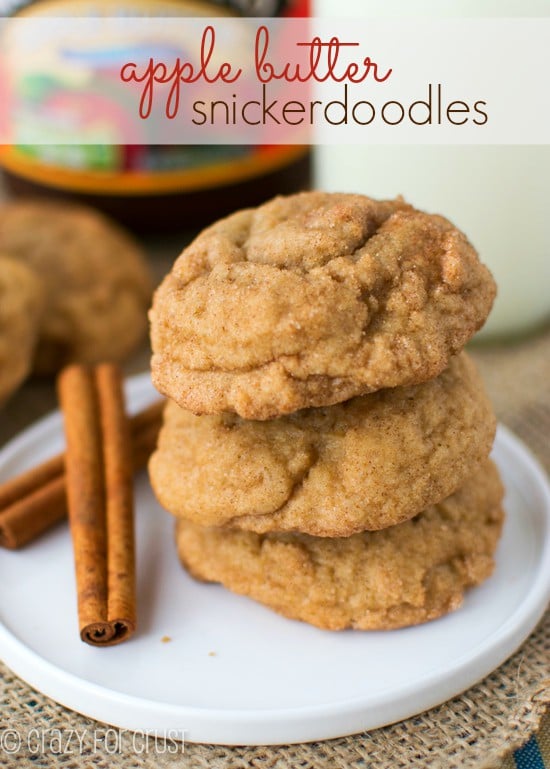 Apple Butter Snickerdoodles stack on white plate with title