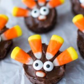 brownie circles made to look like turkeys with candy corn feathers and candy eyes