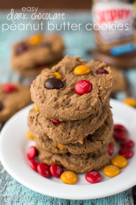 Dark Chocolate Peanut Butter Cookies stack on white plate with title