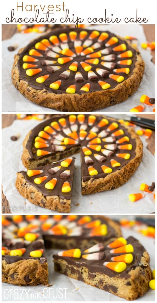 Three photo collage showing different photos of Harvest Chocolate Chip Cookie Cake 
