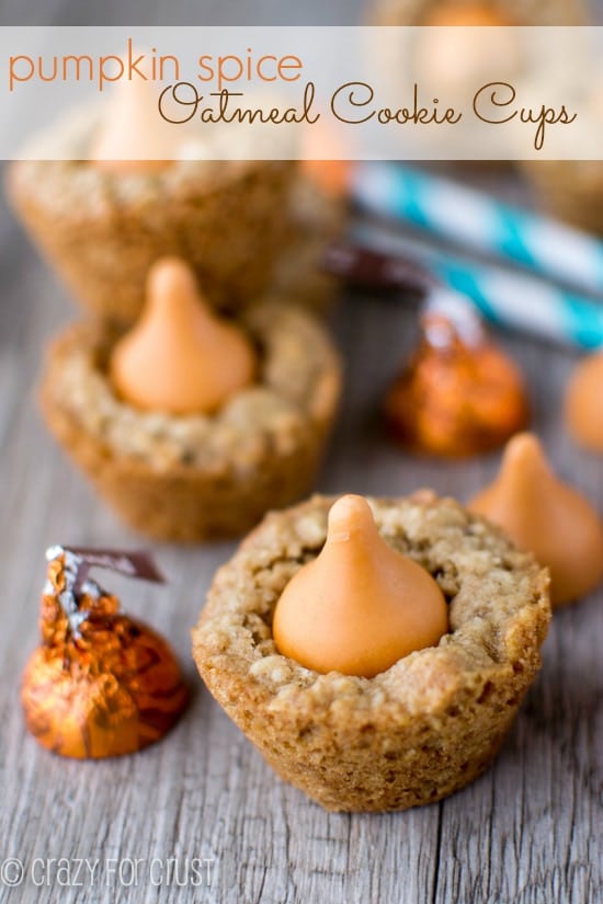 oatmeal cookie cups with a pumpkin spice kiss on top on gray table