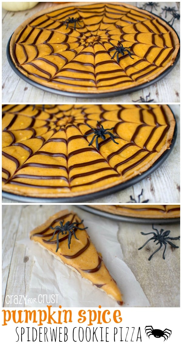 Three photo collage of Pumpkin Spice Spiderweb Cookie Pizza with fake plastic spiders on the cookie