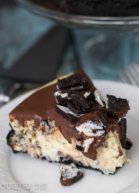 Slice of Cookies and Mint Chip Cheesecake with oreos on top on a white plate
