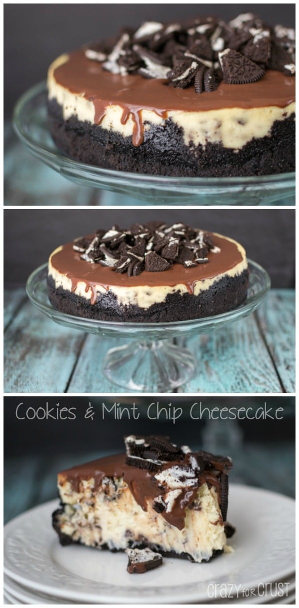 Three photo collage of Cookies and Mint Chip Cheesecake with oreos on top 