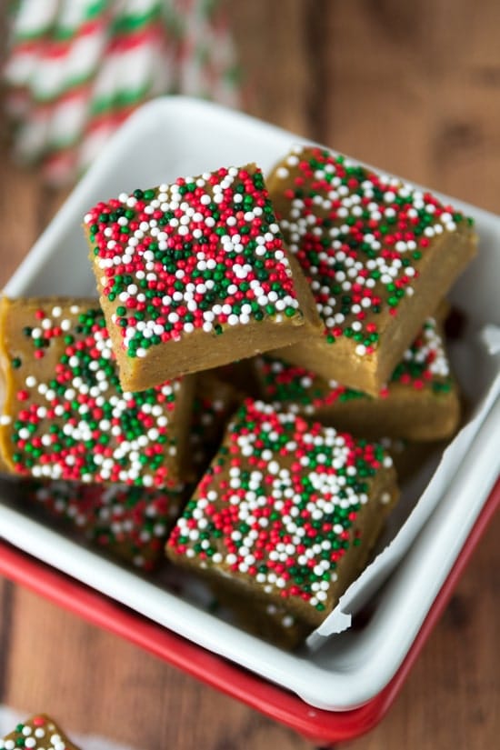 Over head shot of Gingerbread Fudge in a white bowl