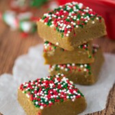 Gingerbread Fudge stack on parchment paper with title