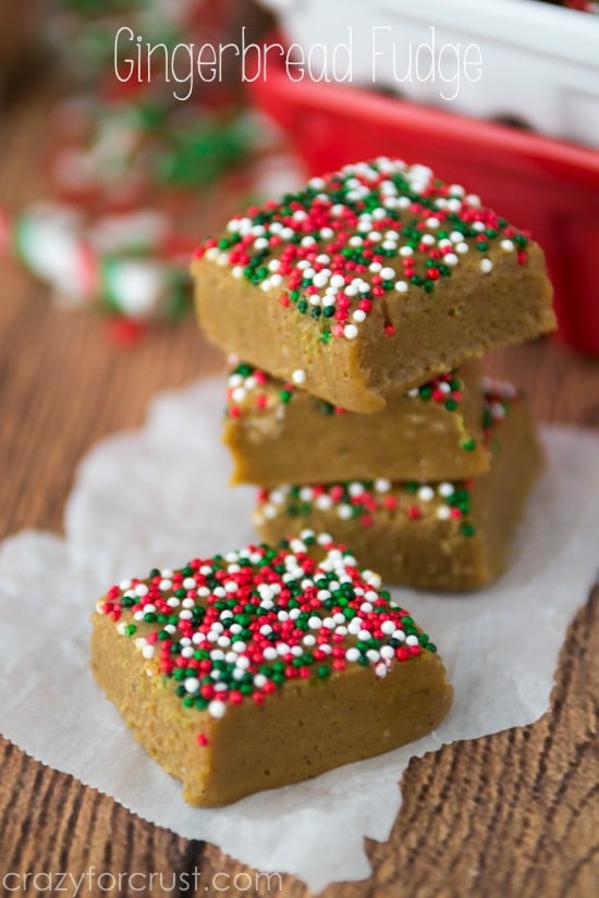 fudge in a stack of three and one in front with Christmas sprinkles