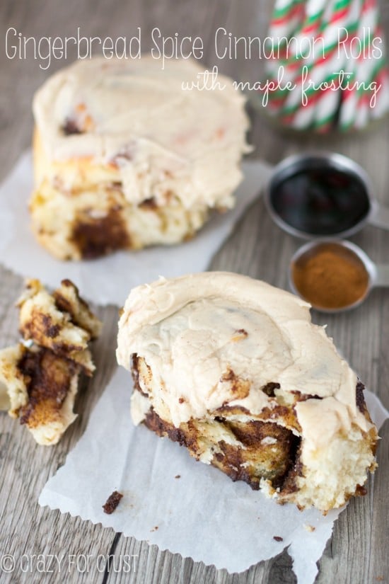 Gingerbread Spice Cinnamon Rolls on parchment paper with title