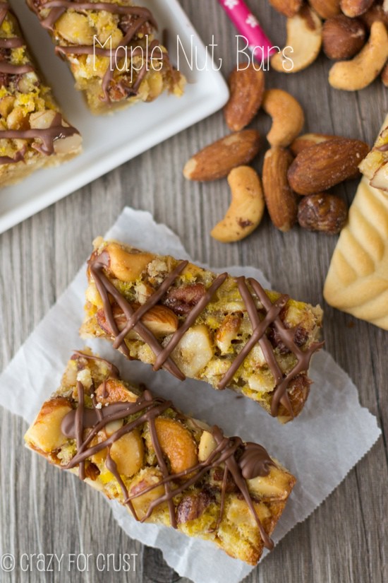 stack of maple nut bars on parchment paper overhead shot