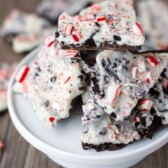 stack of oreo peppermint bark on white dish