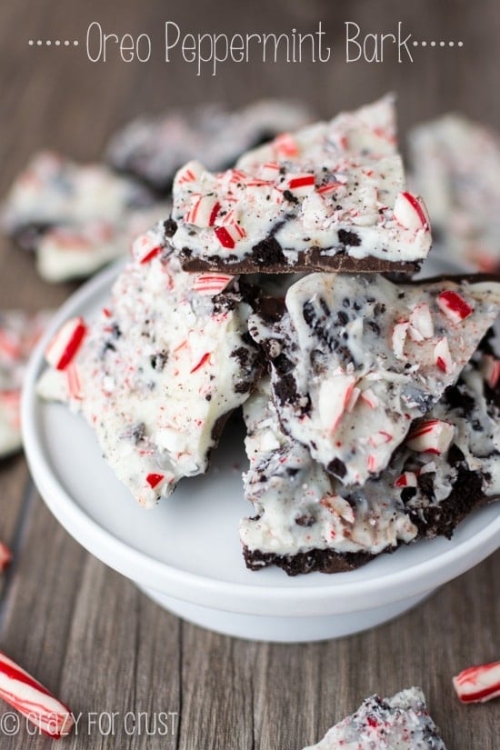 Oreo Peppermint Bark on white plate with title