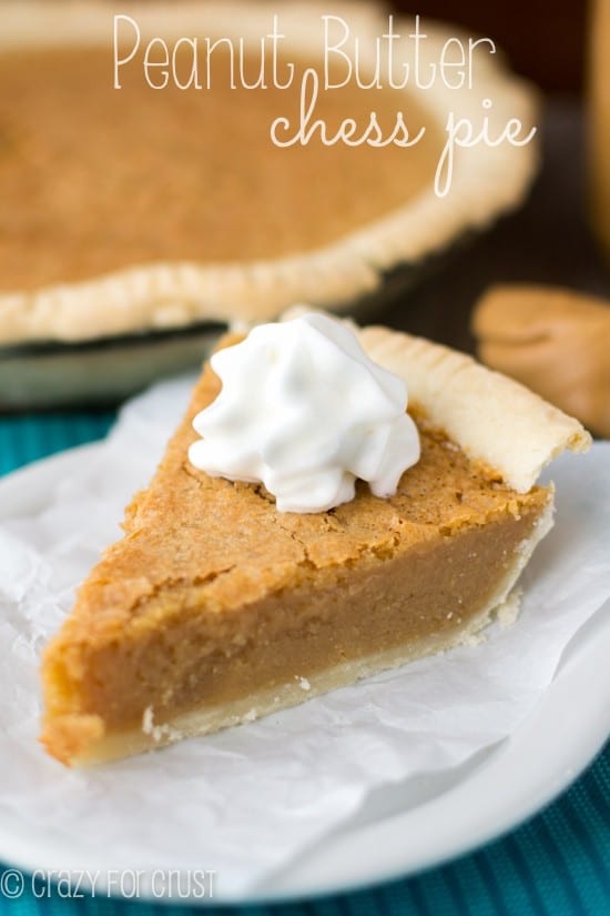 Peanut Butter Chess Pie on a white plate and blue towel