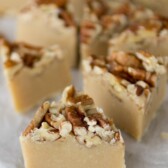 Pecan Pie Fudge on parchment paper with title