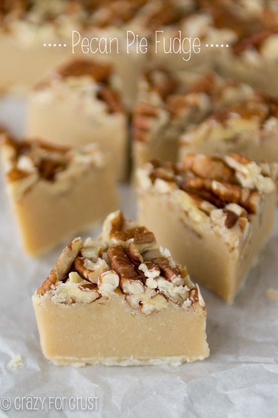 Pecan Pie Fudge  on parchment paper with title