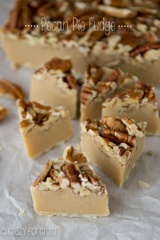 Pecan Pie Fudge on parchment paper with title
