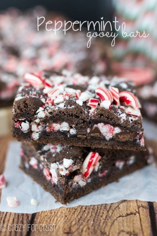 Stack of Peppermint Gooey Bars with title