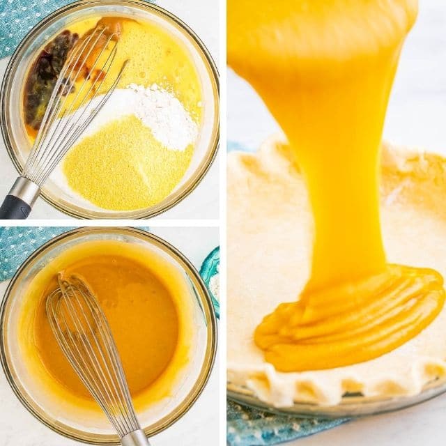 collage of 3 photos showing ingredients in bowl, mixed ingredients and pouring filling into pie crust