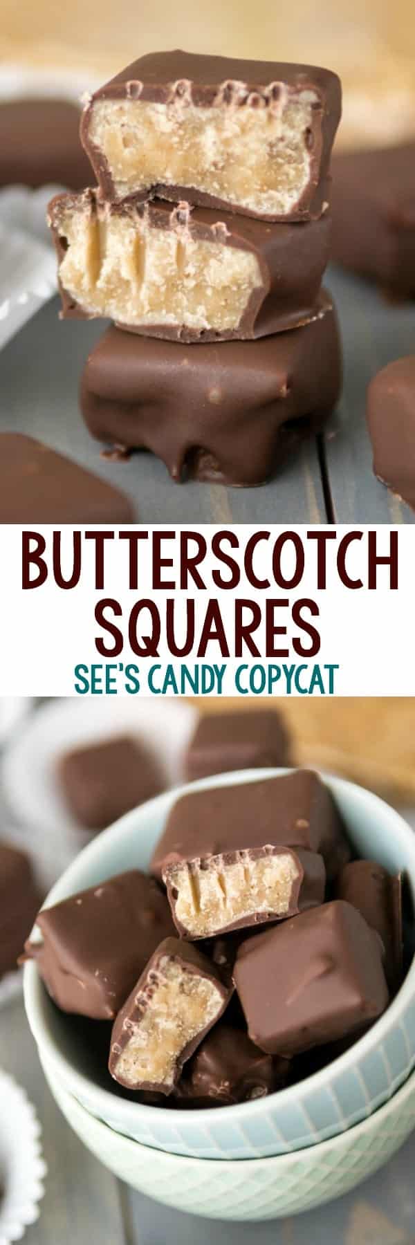 Two picture collage of butterscotch squares in white bowl with title